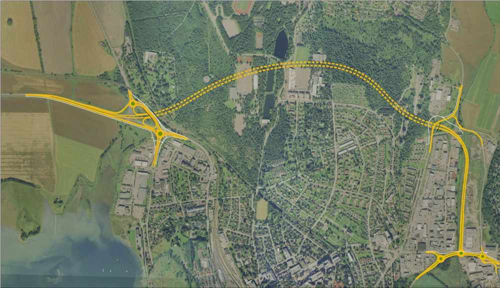 SAMMENSATT: Ringvei nord fra Kjelle (til venstre) til Kilen er et sammensatt prosjekt, med tunge anleggsmessige inngrep i bystrøk, og med stor trafikkbelastning.ILL: STATENS VEGVESEN