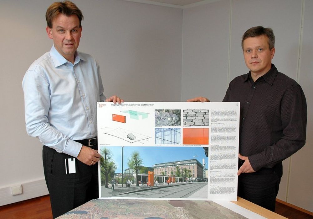 DESIGNKONKURRANSE: Rune Haugsdal og Jostein Fjærestad med vinnerutkastet for bybanens endestasjon i Bergen sentrum.