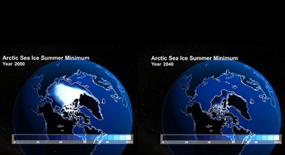 ALVORLIG: Illustrasjonen viser hvor stort havområdet som var dekket av is i 2000 (t.v.), sammenlignet med det antatte, minimale isdekket i 2040.
