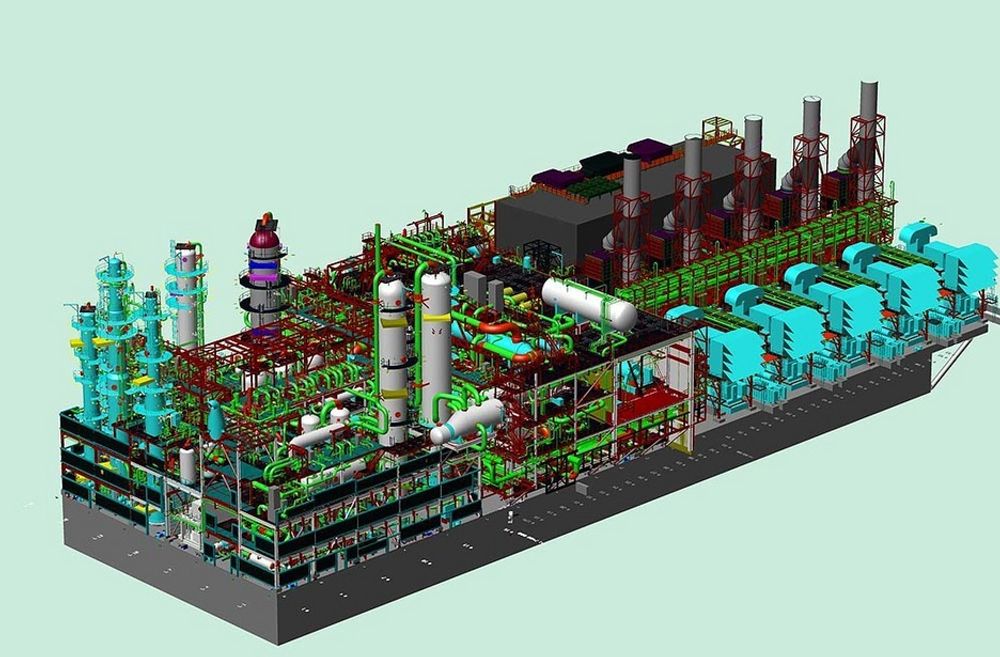 Illustrasjonen viser lekteren med gassturbiner og prosessanlegg. Lekteren ble taut fra Spania til Norge sommeren 2005. Da gjensto mye arbeid.