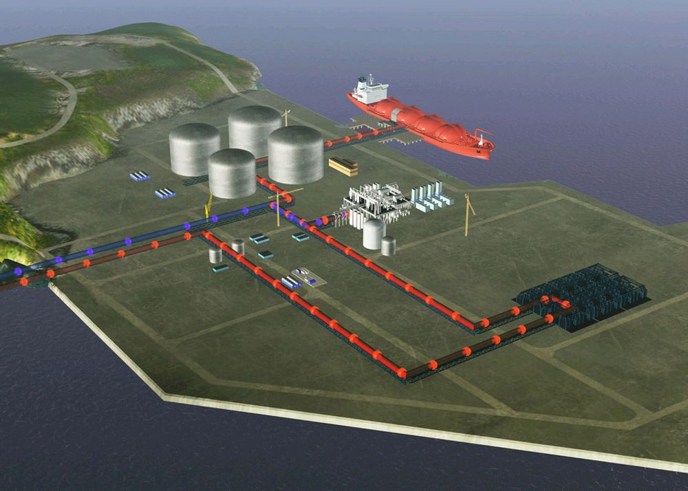 LNG-anlegget og LNG kuletankskip ved kai - slik en illustratør seg for seg anlegget i drift.