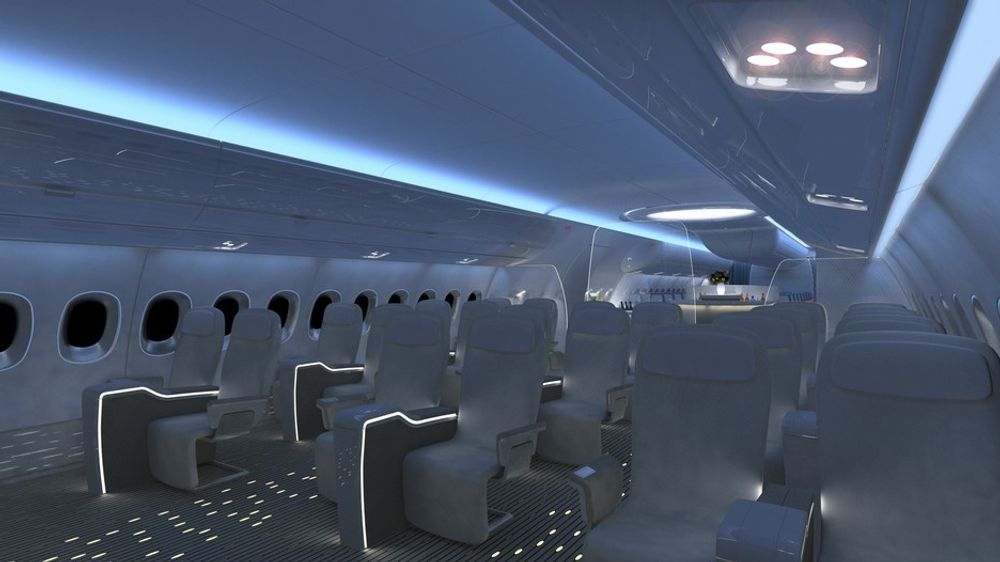 Atmosfæren i kabinen skal kunne endres i takt med døgnets tider med intelligent belysning. Bildet er fra kabinen i en A350.