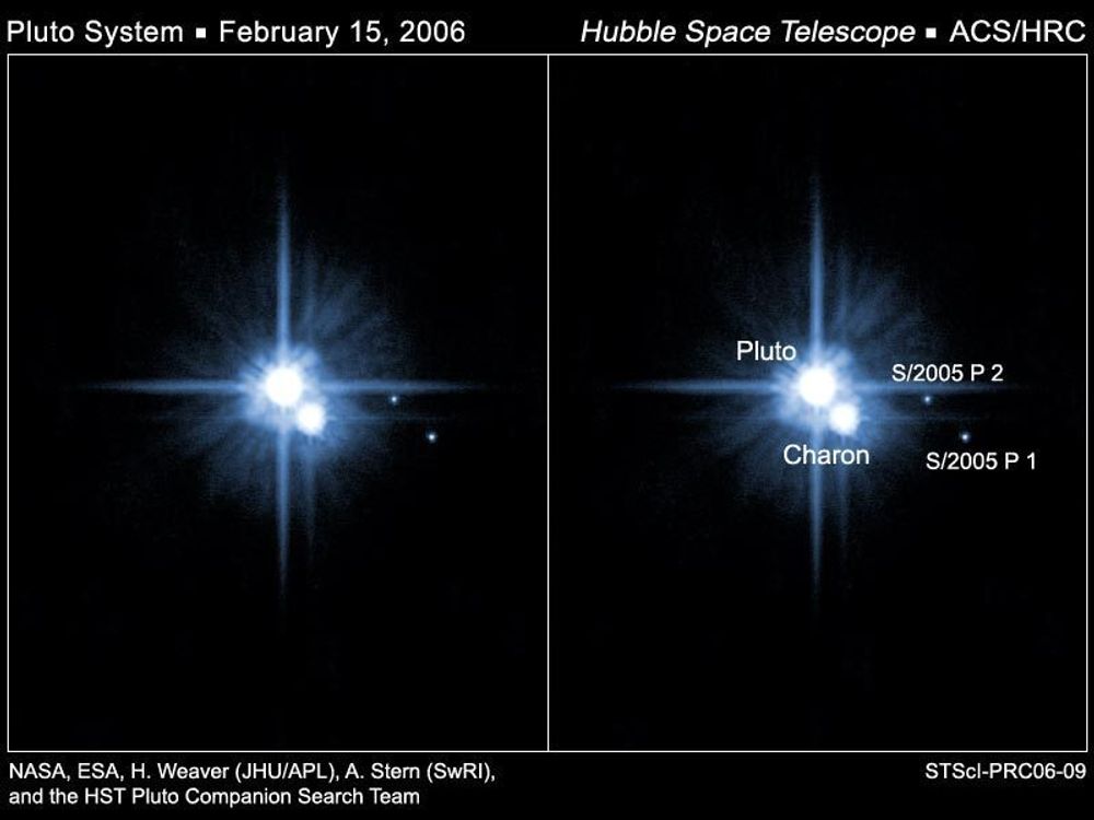 Hubble-foto som viser Pluto og de nye månene S/2005 P 1 og S/2005 P 2.