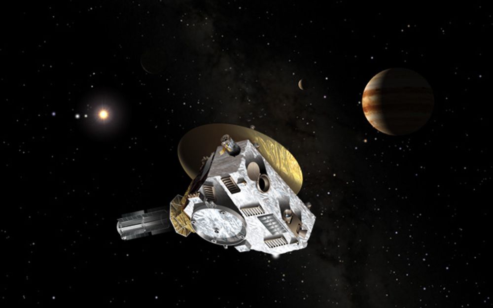 På vei mot Pluto og Kuiper-beltet, passerer New Horizon Jupiter, solsystemets største planet, om et drøyt år - i februar/mars 2007. I denne kunstnerframstillingen kan vi se Jorda, venus og Merkur.