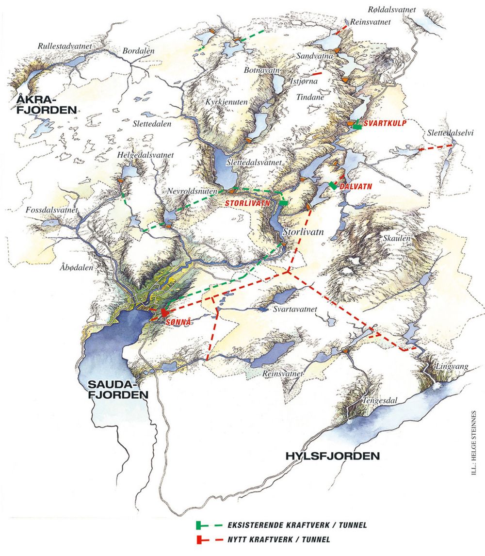 UTBYGGINGSOMRÅDET: Kartet viser eksisterende kraftverk med tunneler og nytt kraftverk med tunneler. I alt ca 30 km nye tunneler og sjakter skal sprenges.ILL: HELGE STEINNES