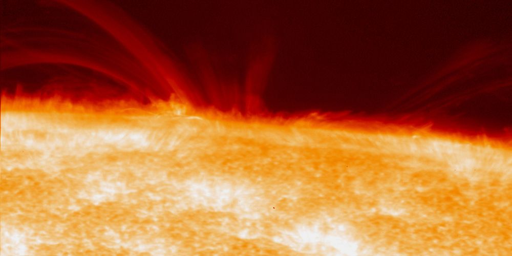 Hinode har fanget opp dette fantastiske nærbildet av magnetiske gassløkker som stiger opp fra en solflekk like bak solens rand.