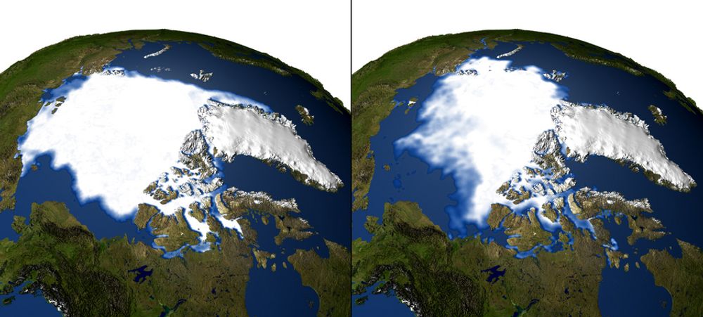 KRYMPER INN: I 1979 (t.v.) var et mye større område dekket av is enn i 2003. De siste årene har ismengden minket ytterligere.