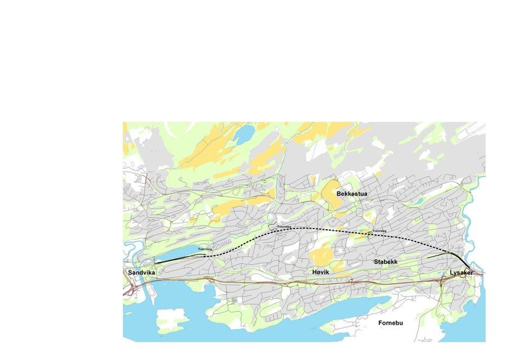 NY JERNBANETRASSÈ: Slik skal den nye jernbanetrasseen gå fra Lysaker til Sandvika
