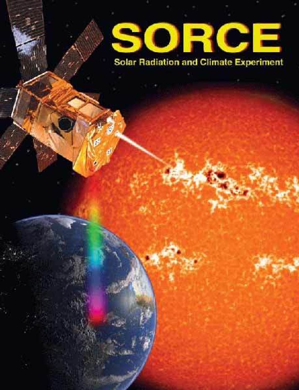 SORCE-satellitten begynte sine observasjoner i januar 2003. Sammen med andre observasjoner, kan forskerne finne mye mer informasjon om solas påvirkning av klimaet på jorda. Ill: NASA/ESA
