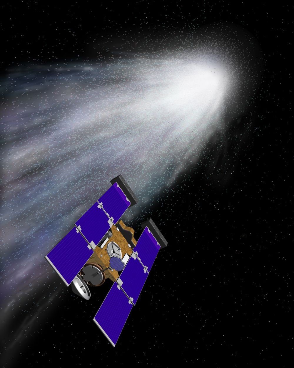 Stardust på vei inn mot komethalen til Wild 2 - for to år sdien, slik NASA så det for seg. Nå er Stardust vel tilbake og med mengder av materiale.