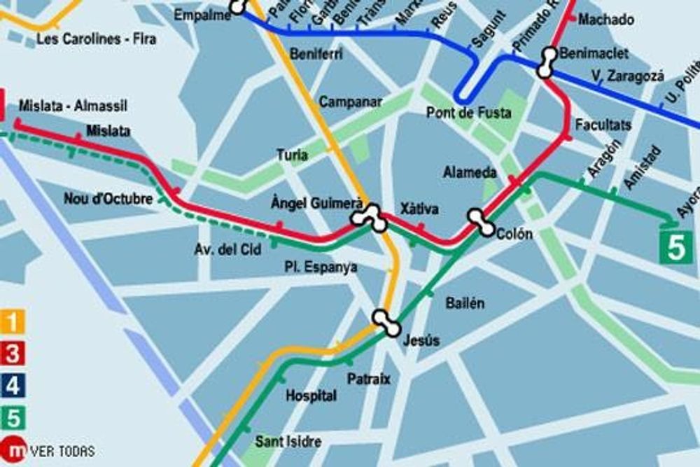 T-baneulykken i Valencia skjedde like ved stasjonen Pl.Espanya retning Jesus midt på kartet.