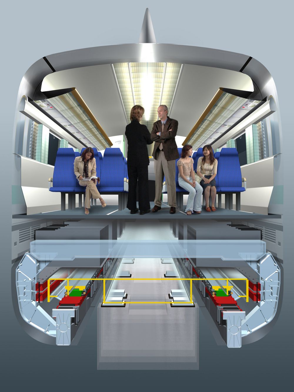 TRYGT: Magnetiske svevetog er verdens sikreste transportmiddel, ifølge Transrapid. Understellet på toget omslutter skinnene, hvor det oppstår et elektromagnetisk felt.