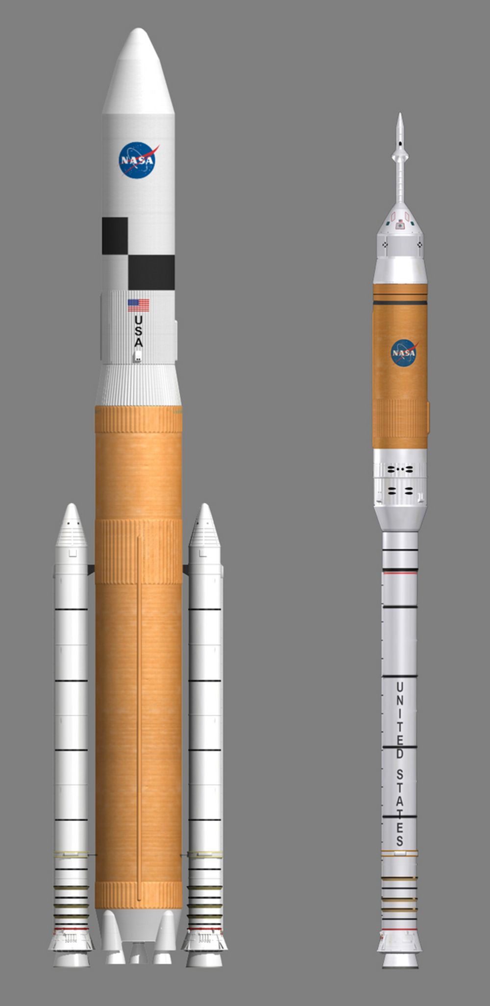 Raketten for de framtidige Orion-utskytinger. Ares V (t.v.) og Ares I. Ares V skal brukes til å sende astronauter til Månen, Mars og eventuelt andre steder, ifølge NASA.
