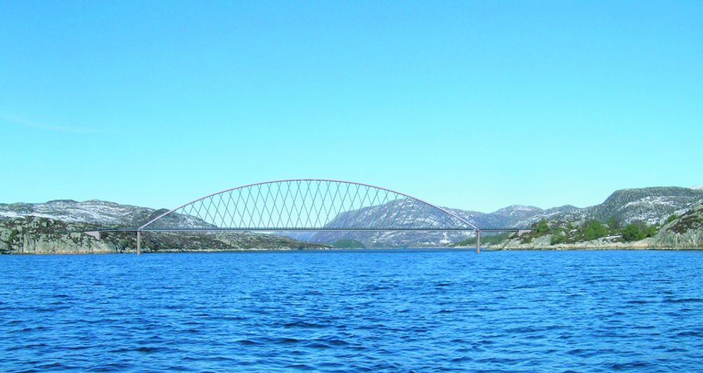 Skisse av ny bro over Brandangersundet i Gulen kommune i Sogn og Fjordane limt inn i foto av sundet.