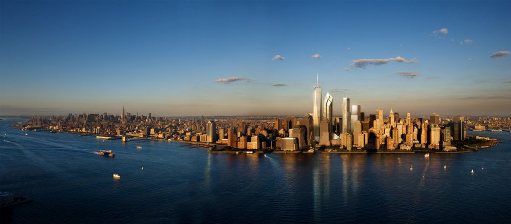 Det nye Manhattan sett fra Hudson River. Freedom Tower til venstre, deretter tårnene til arkitektene Lord Foster, Lord Richard Rogers og Fumihiko Maki.