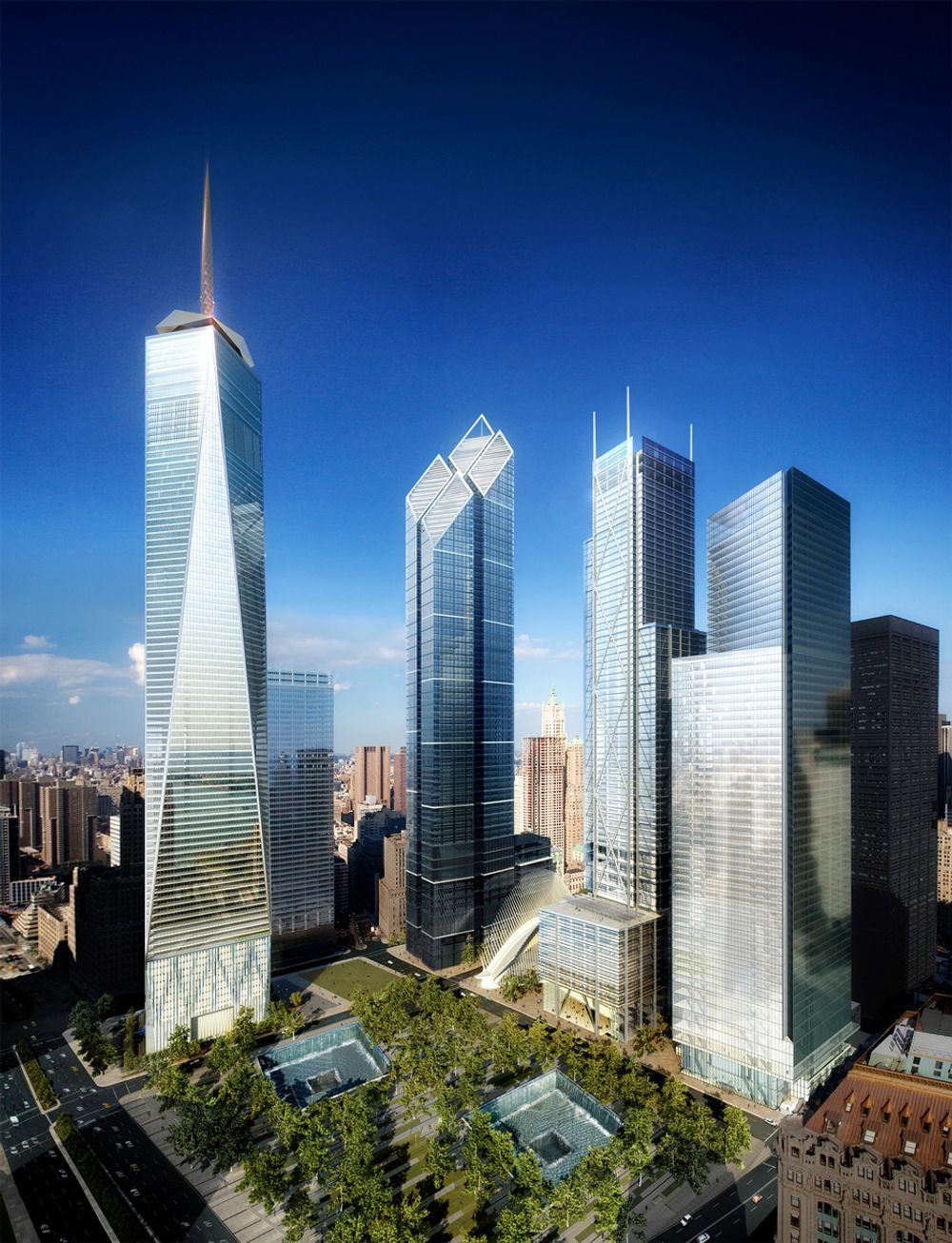 Det nye World Trade Center med Freedom Tower til venstre og deretter tårnenen til Lord Norman Foster, Lord Richard Rogers og Fumihiko Maki.
