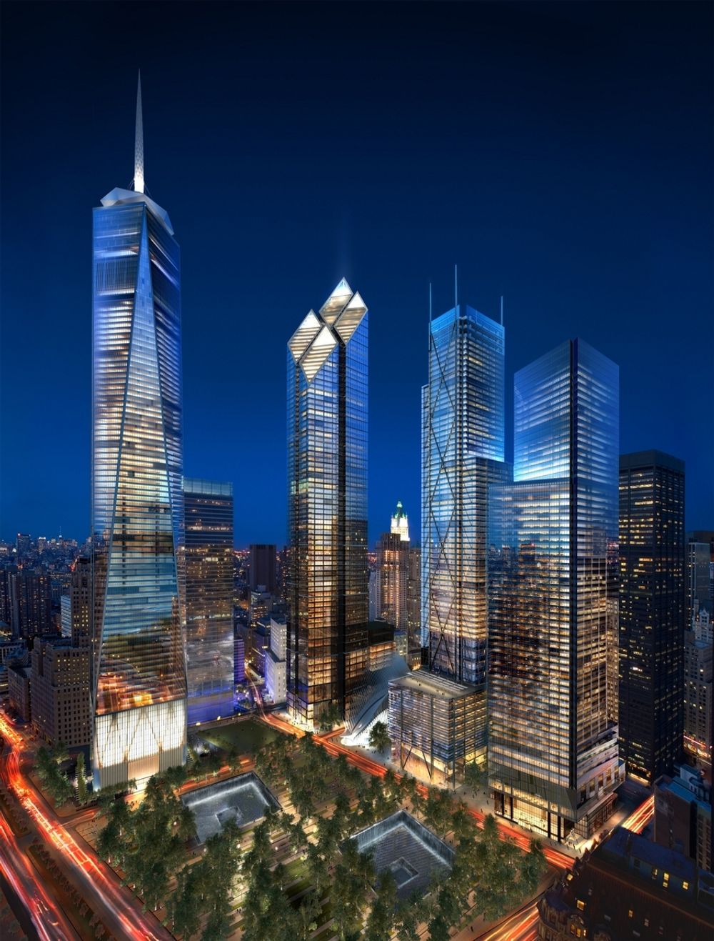 WTC skyline natterstid. freedom Tower til vesntre rager høyest.