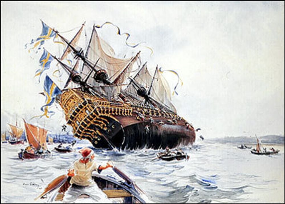 Vasa tipper over, slik en maler forstiller seg at det hendte. Mellom 30 og 50 av mannskapet på 150 omkom.