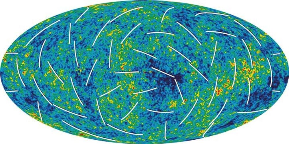 Kart over temperaturen til bakgrunnsstrålingen på himmelkulen. I de varme (røde) områdene var gassen i det unge universet tettere enn omgivelsene. Ved hjelp av polarisasjonen til strålingen (de hvite strekene) har man funnet ut når de første stjernene i universet ble til.