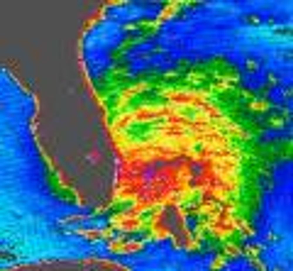 Oppbyggingen av orkanen Katrina sett gjennom NASAs QuikSCAT satellitt. På dette tidspunktet var vindhastigheten 80 km/t. (25. aug. kl 04:37 i Florida)