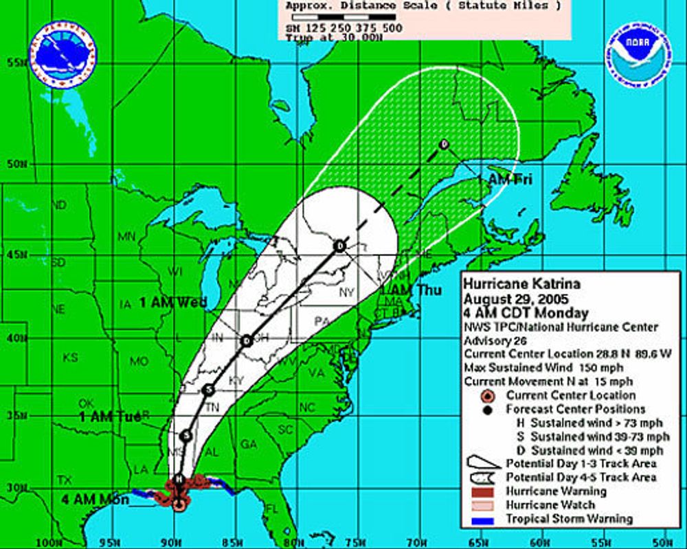 Dette kartet viser en prognose (fra 28. august, 2005) over Katrinas antatte rute de neste tre til fem dagene.