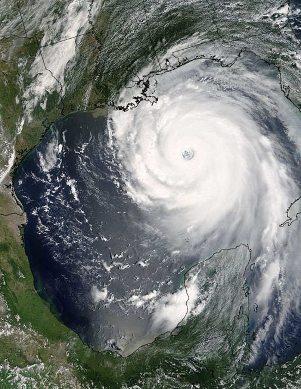 Orkanen Katrina på vei inn mot kysten av Louisiana og byen New Orleans. Orkanen ble her kategrosiert som Orkan styrke 4. Bildet er tatt søndag, og mandag traff Katrina byen.