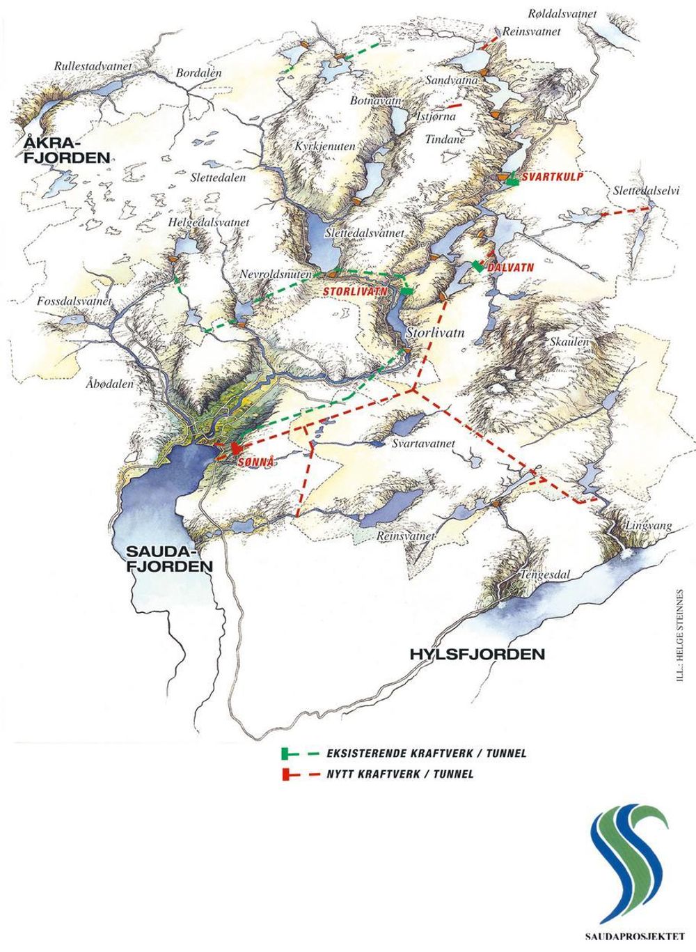 UTBYGGINGSOMRÅDET: Kartet viser eksisterende kraftverk med tunneler og nytt kraftverk med tunneler. I alt ca 30 km nye tunneler og sjakter skal sprenges.ILL: HELGE STEINNES