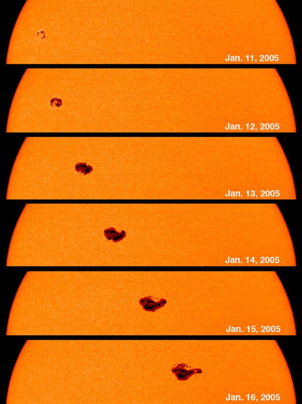 Utvikling av en solflekk i perioden 11. januar til 16. januar. Foto: SOHO-MIDI/NASA/ESA