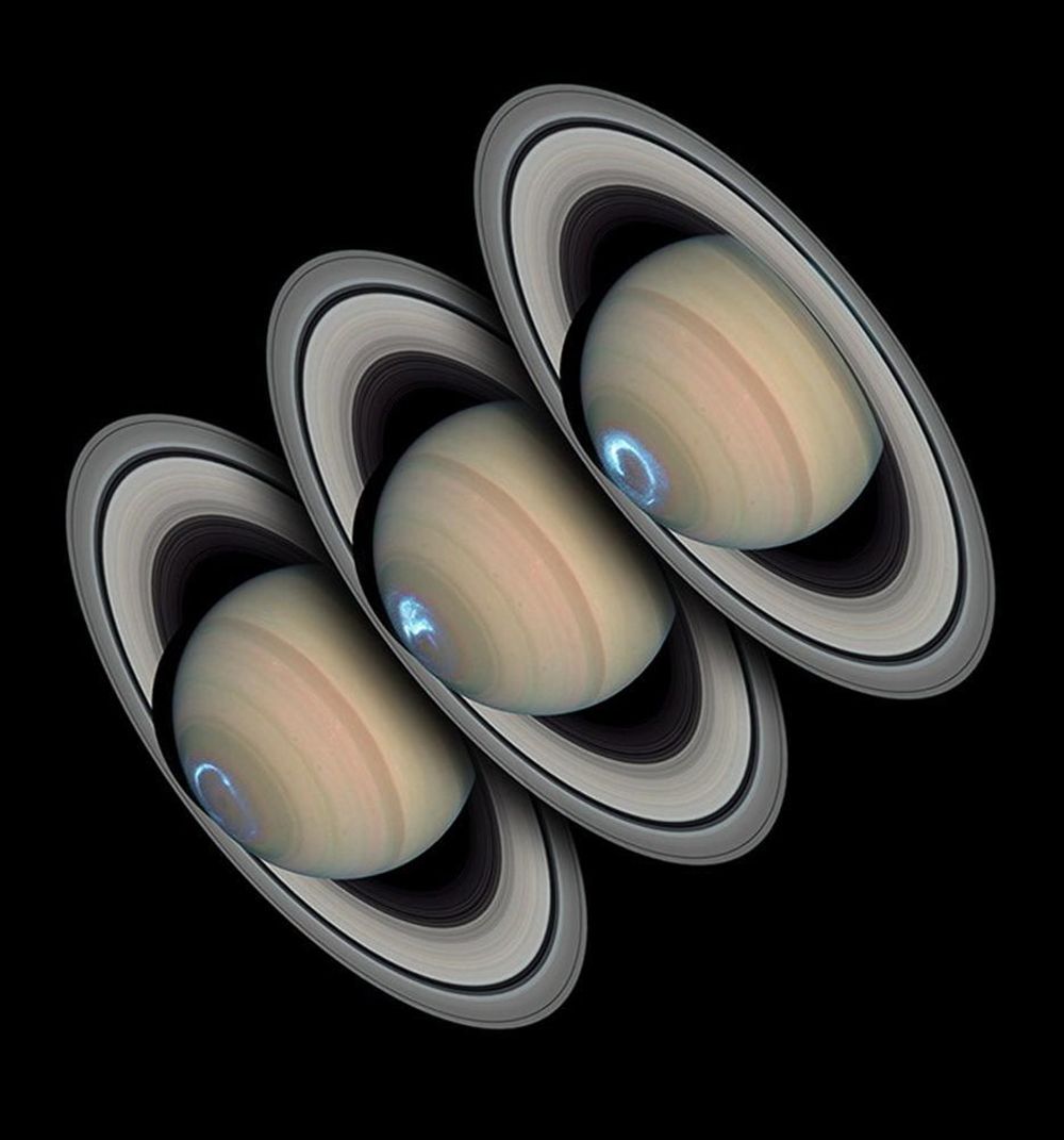 NORDLYS: Nordlyset på Saturn ble forografret over seks døgn, mend ett døgn mellom hvert bilde. De tre bilden er tatt 24., 26. og 28. januar 2005  (fra nederst til øverst).