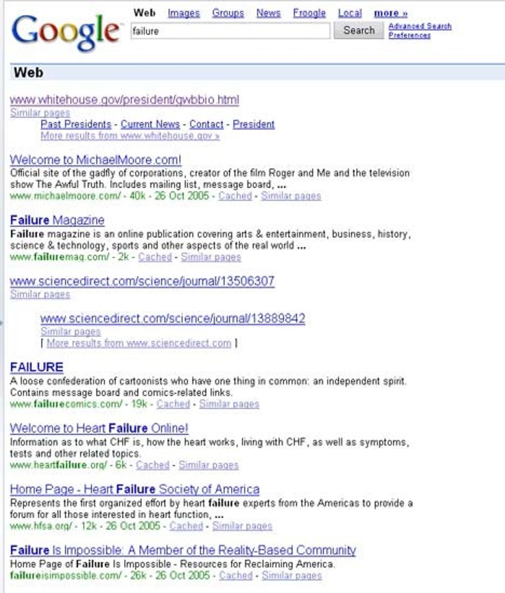 Her er søkeresultatet fra Google på ordet failure - fiasko.