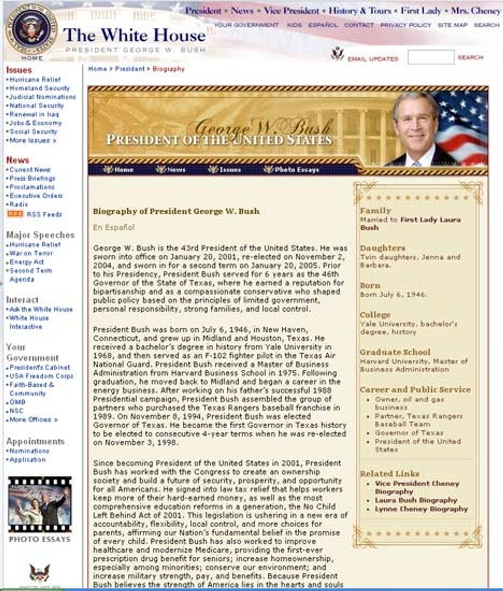 Nettsiden til Det hvite hus med en kort presentasjon av George W. Bush.