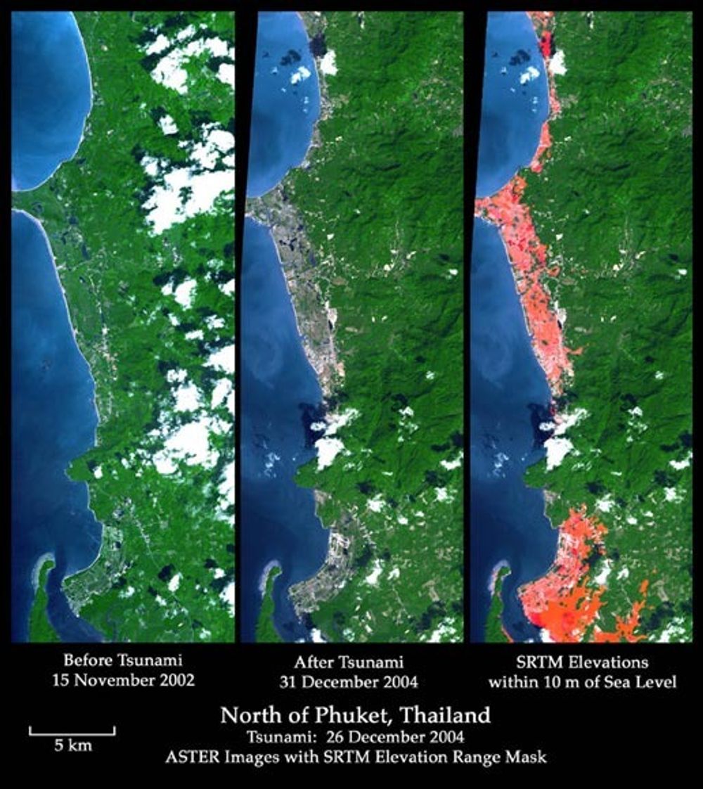 Bildet til venstre er tatt for drøye to år siden. Bildet i midten er fra 31. desember. De grå partiene viser landområder der bølgen vasket bort vegetasjon. Bildet til høyre er det samme som i midten, men behaldet og viser med rødt land som er 10 meter og lavere fra havorflaten. Foto: NASA/JPL