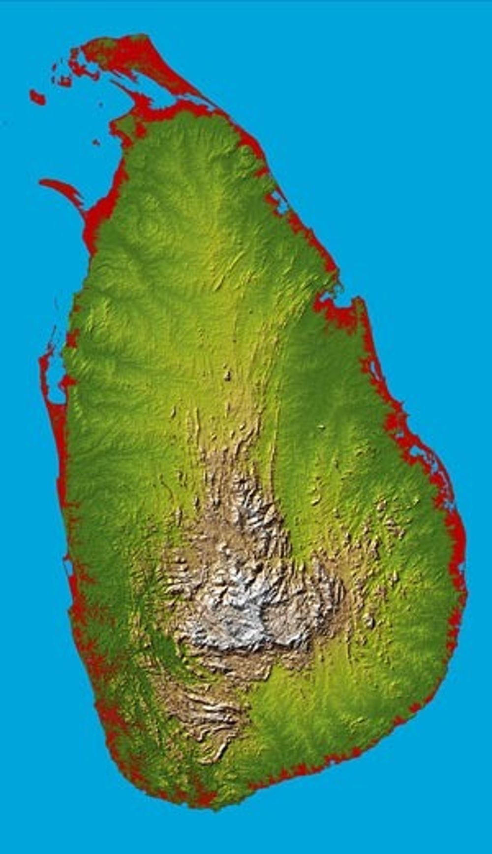 Satellittbildet fra Sri Lanka er behandlet slik at områder lavere enn 10 meter over havet vises i rødt. Foto: NASA/JPL