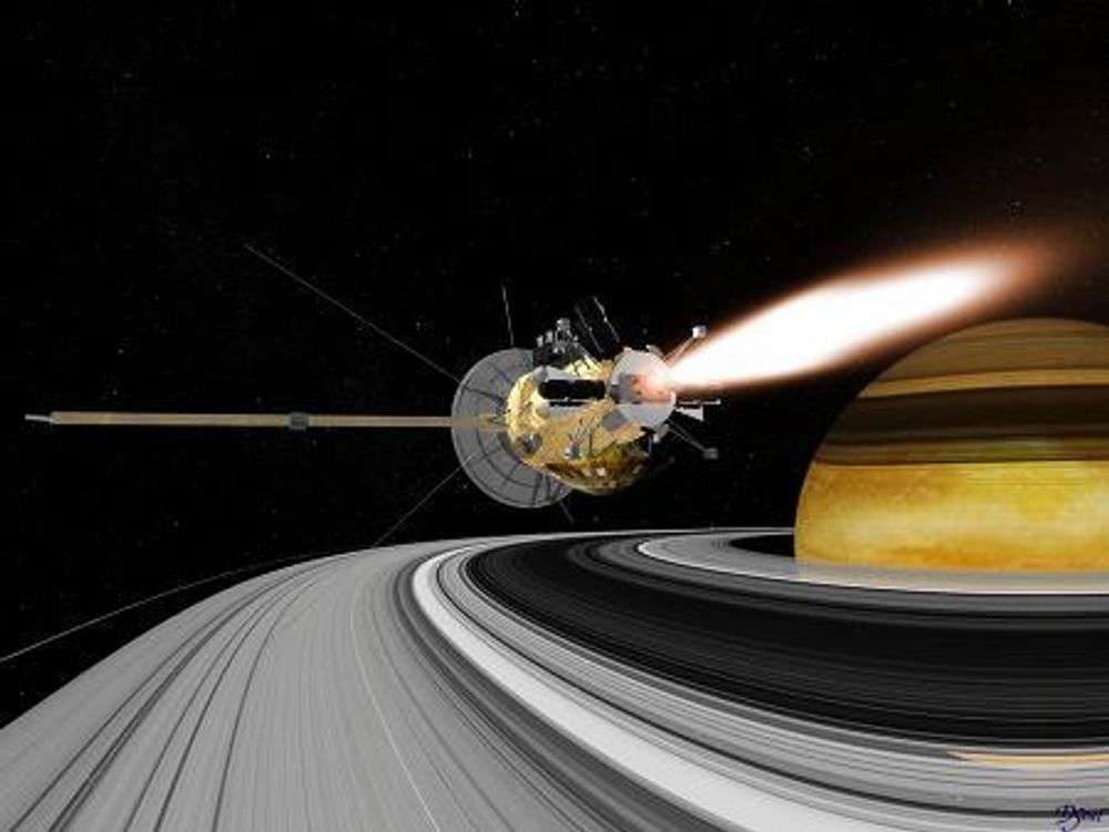 Cassini går inn i bane rundt Saturn. 	
ILL: ESA/JPL/Caltech