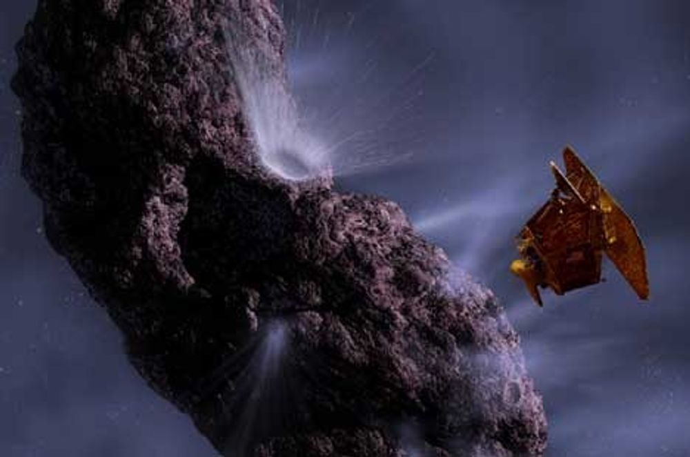 Kunstneren Pat Rawlings ser for seg Deep Impacts kollisjon med kometen Temple 1 på denne måten. Kollisjonen skjer 4. juli i år. Ill: Pat Rawlings/NASA