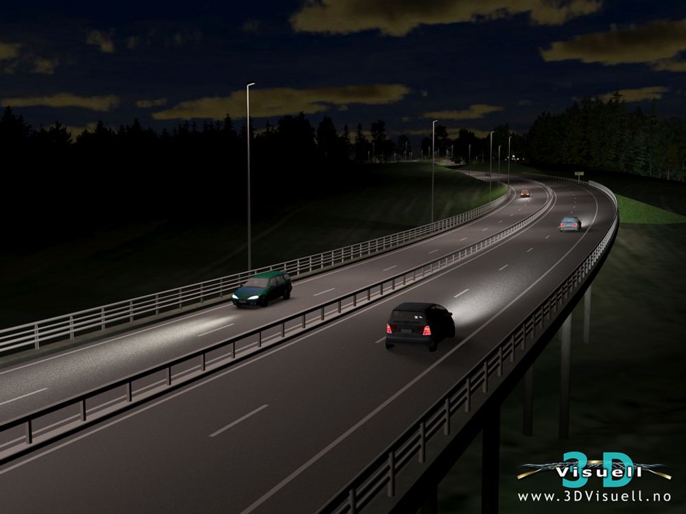 Den nye 3D-modellen viser hvordan billysene lyser opp veien.