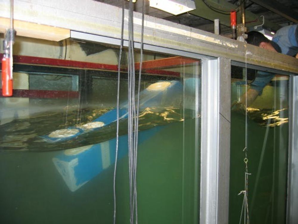 Absorbatorene som flyter på vannet er testet ut i et bølgebasseng tilknyttet NTNU.