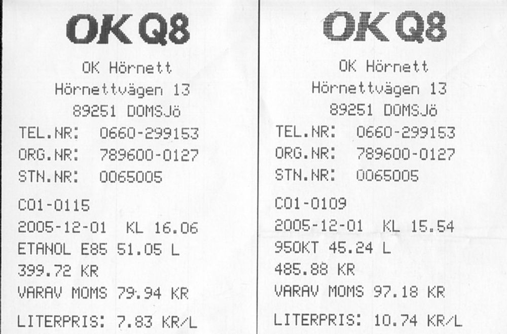 BILLIG: Kvitteringen til venstre er for E85 drivstoff, mens den til høyre er for vanlig 95 oktan.