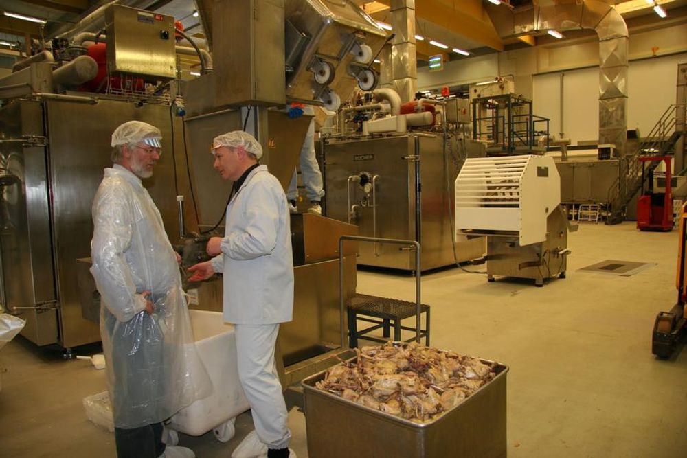 Informasjonssjef Kjell Svarstad og fabrikksjef Jan Arne Vevatne sjekker ut maskinen som lager kyllingfarse. Kyllingen befinner seg til høyre for dem.