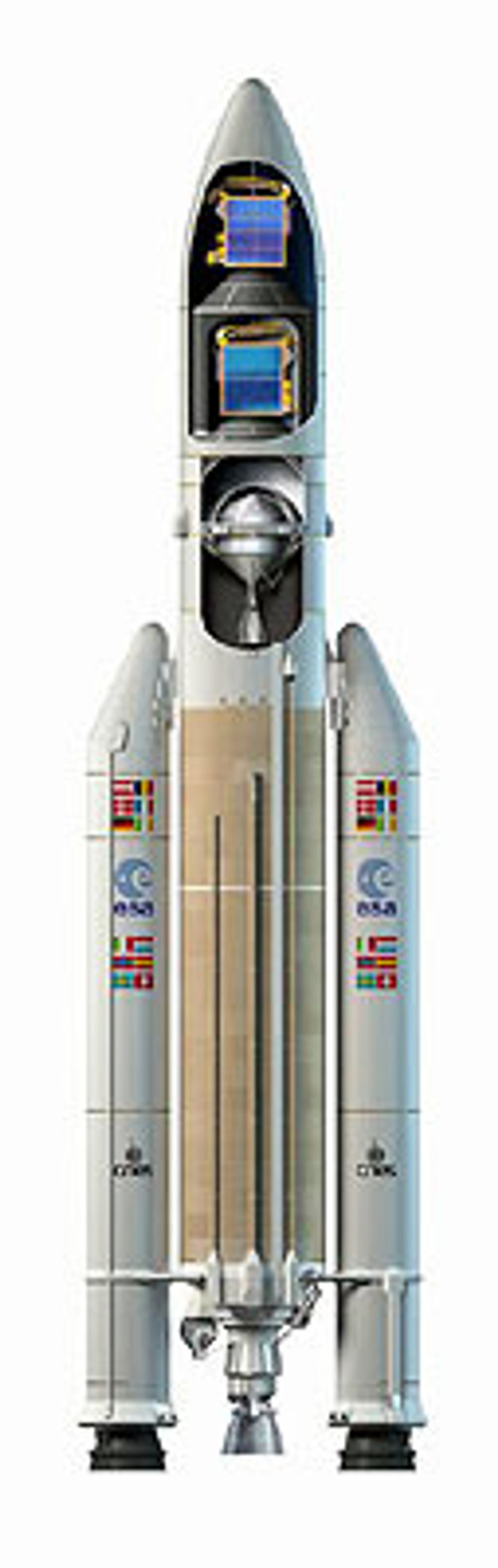 Ariane 5 ECA - rakett for utplassering av en - to satellitter.

Høyde:  maks 56 m
Diameter: maks 5,4 m
Vekt: maks 780 tonn
Nyttelast: maks 10 tonn

ILL: ESA