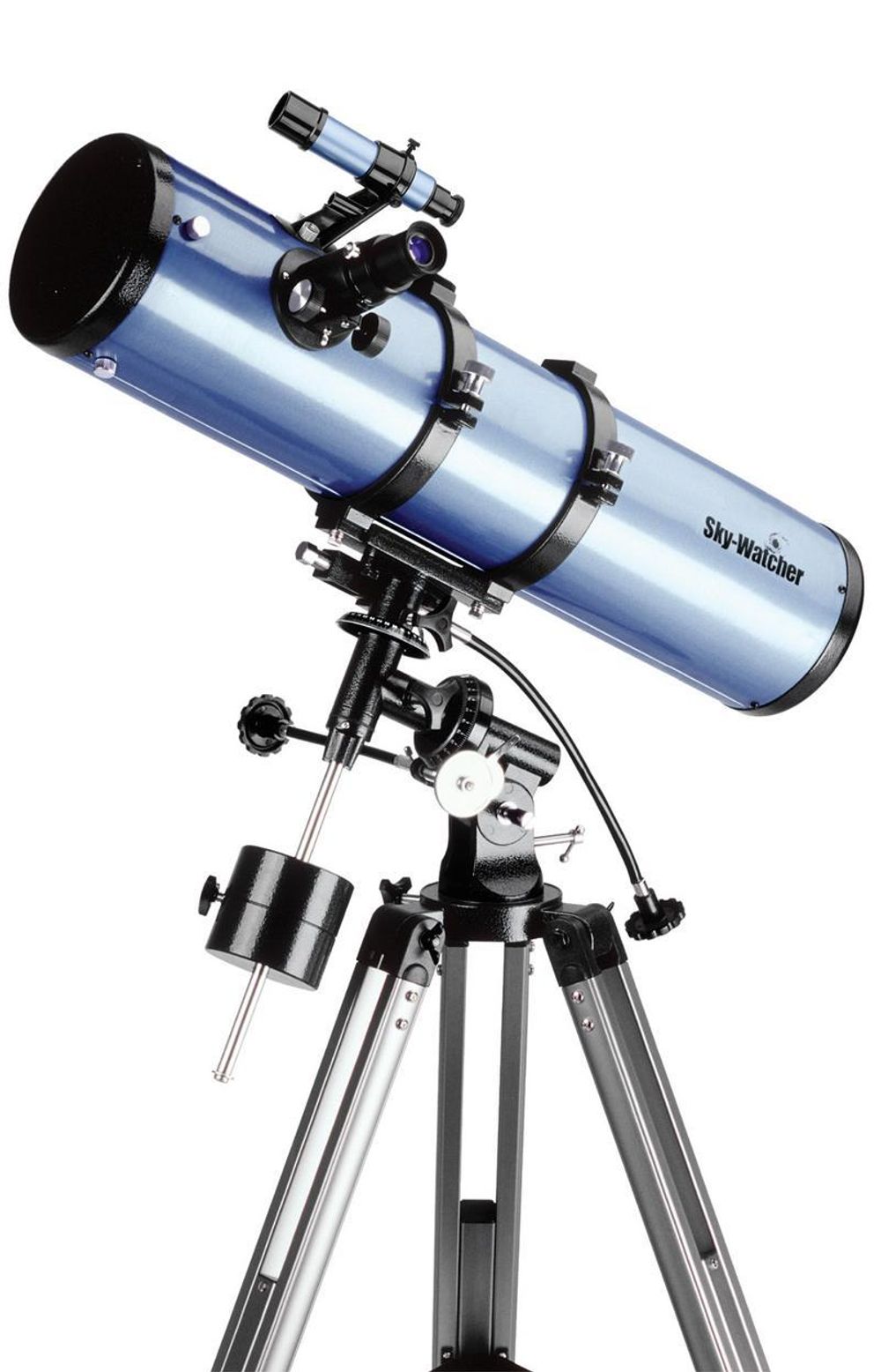 SPEIL: I en reflektor fokuserer et konkavt speil lyset. Ekvatorial-montering sørger for at teleskopet følger jordaksen. Pris: 3895 kroner. FOTO: SKYWATCHER