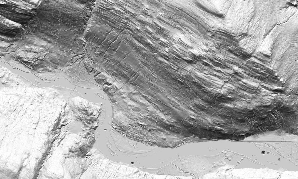 Lidardataene fra området rundt Hundorp i Sør-Fron viser en lang rekke flomskred opp gjennom tidene har skapt raviner i de ustabile fjellsidene. Laserdate: Lars Pilø, Oppland fylkeskommune