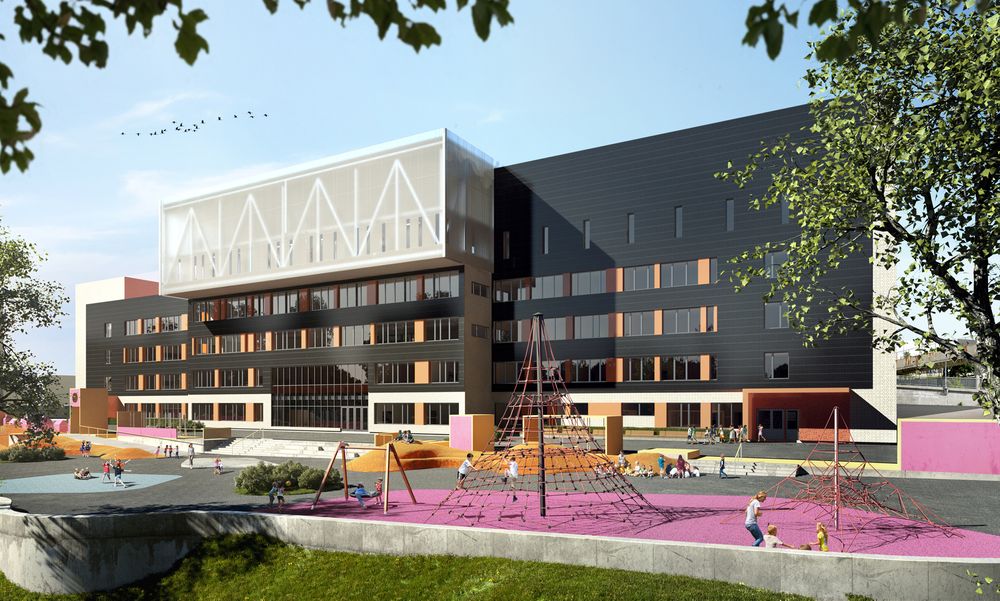 Brynseng skole i Oslo får solceller på fasaden. Det kan bli mye solceller på både tak og fasader på byens skoler om Arbeiderpartiet får det som de vil.