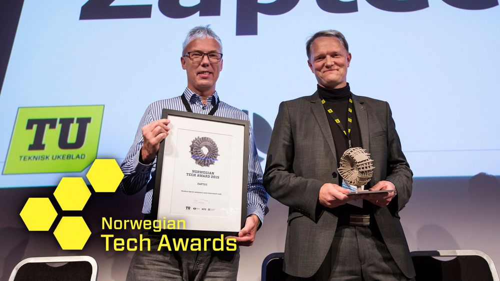 Teknologivinnere: Administrerende direktør i Zaptec Brage W. Strømmen og sjefsingeniør Øyvind Wetteland mottok Norwegian Tech Award 2015.