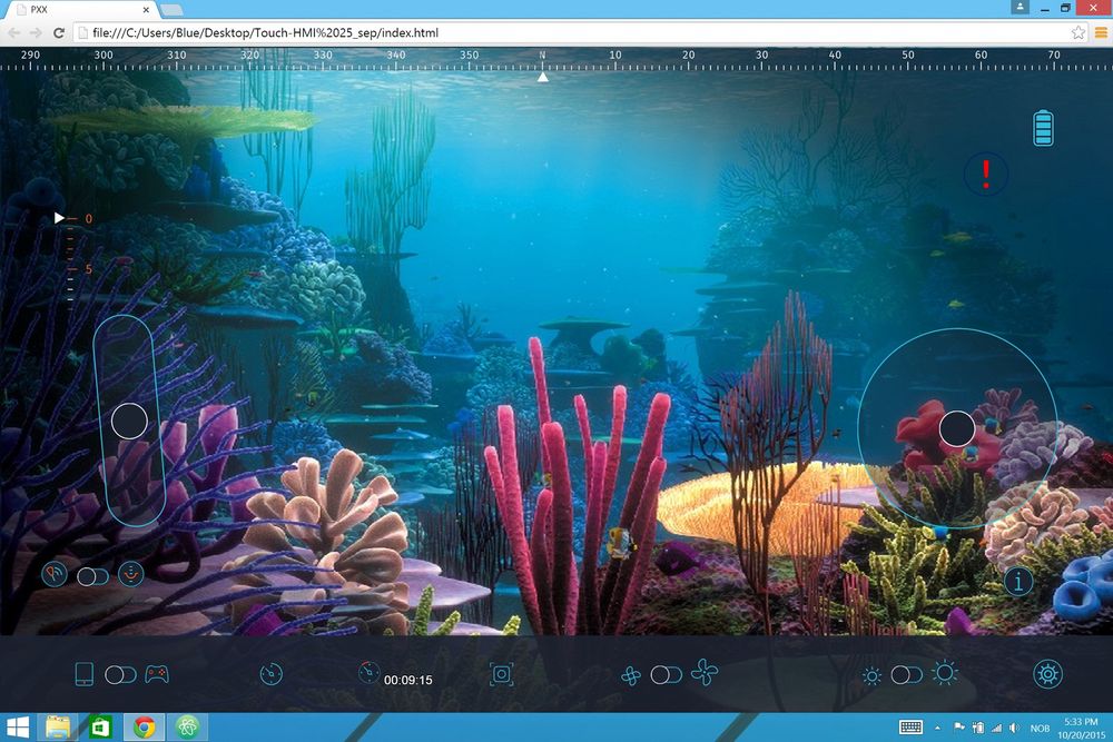 «Plug and play» og styring via en touch-skjerm. Det skal være like intuitivt og enkelt å komme i gang med BluEye som Apple har kalt med sine produkter. Skjermbilde av touchpanelet.ROV,Ubåtdrone,Undervannsdrone,BluEye Robotics,Blu Eye Explore, 