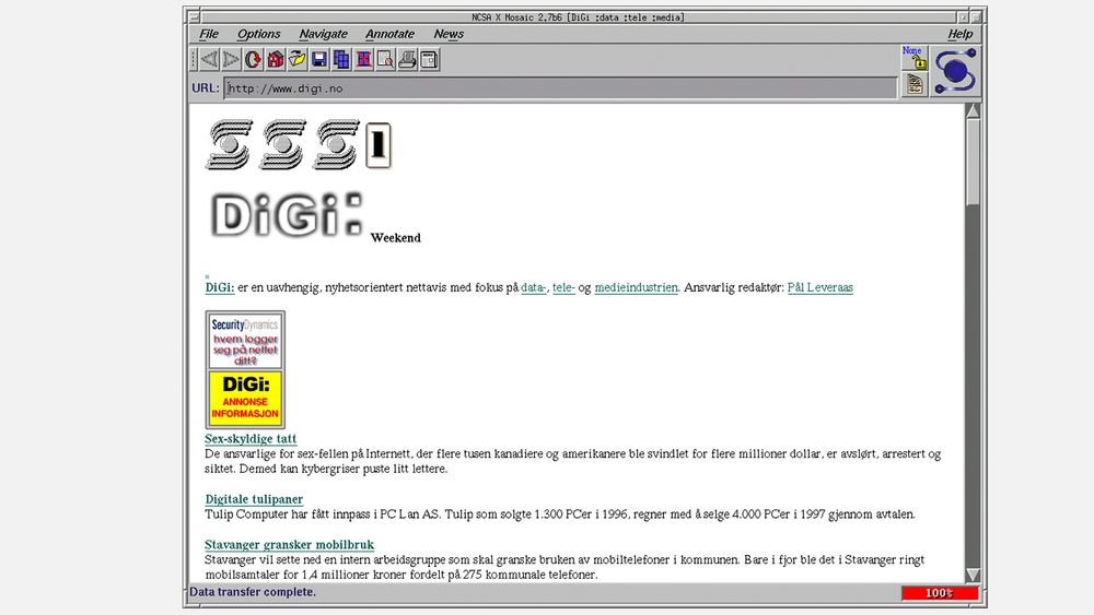 IT-bransjens nettavis anno 1997 i NCSA Mosaic 2.7b6 på Linux. digi.no ble for øvrig lansert allerede året før som Norges første rene nettavis.