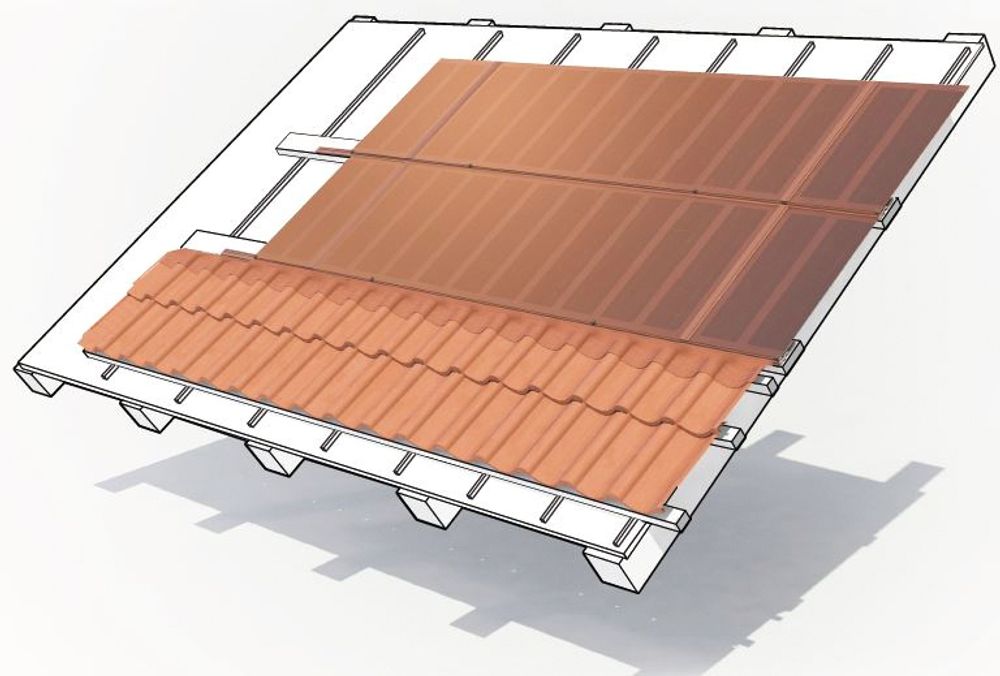 Teglsteins-solcellemodulene kan kle hele eller deler av taket. I dette tilfekket skal de dekke 2/3 av det sørvendte taket på bygården. Illustrasjon.