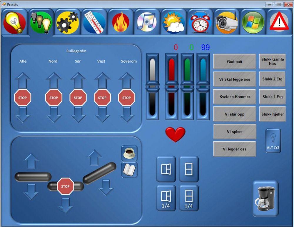 Morgen, middag og kveld: Huset har en rekke ulike scenarier familiemedlemmene kan ta i bruk i ulike situasjoner. Espeland har selv designet grensesnittet, blant annet ved hjelp av Power Point.