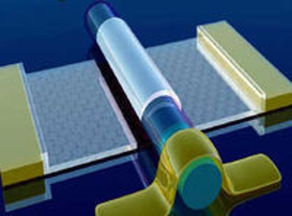 Grafen-basert transistor med nanotråd som port. Grafenmaterialet vises som et bikake-formet mønster. Nanorøret er en sylinderformede delen som ligger over grafenen.
