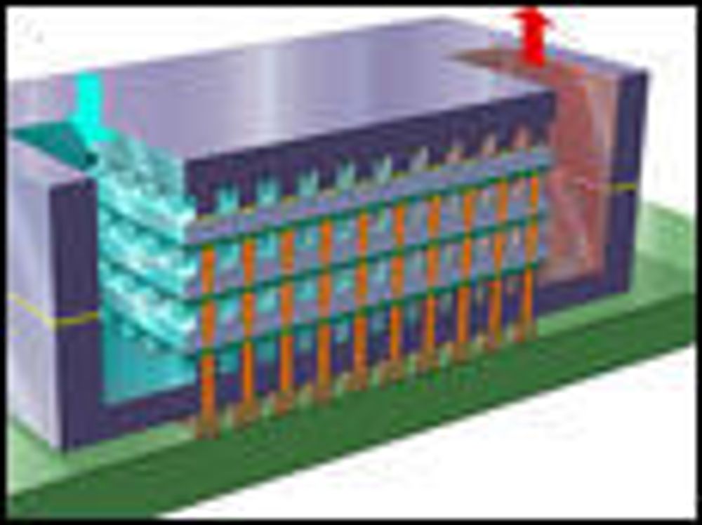 Skisser over IBMs vannkjølte 3D-brikke.